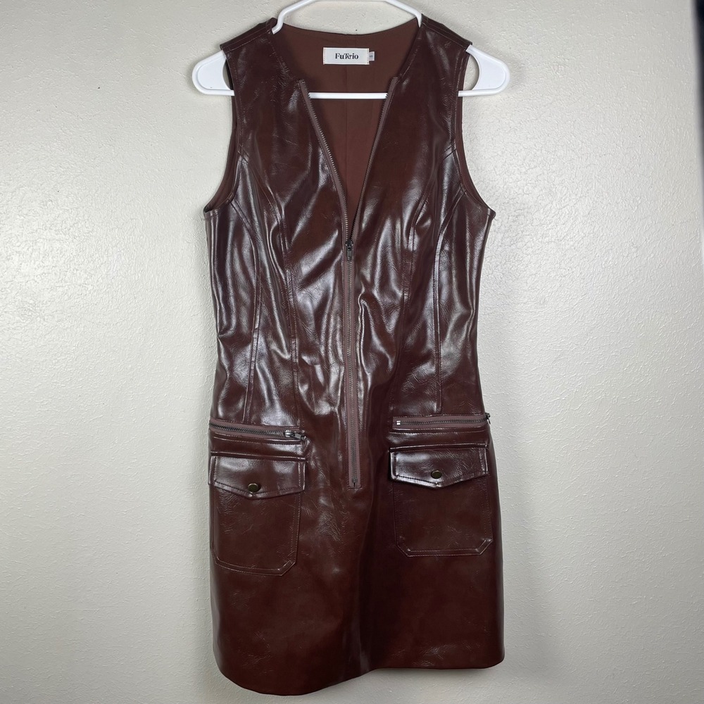 FuTrio Brown Faux Leather Zip Front Mini Dress Sleeveless Moto Cargo Womens S